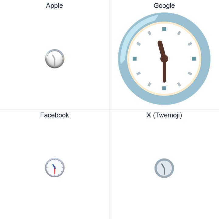 Clock Face Eleven-Thirty emoji in a square grid: Apple and Google on the top row, Facebook and X Twemoji on the bottom, on white.