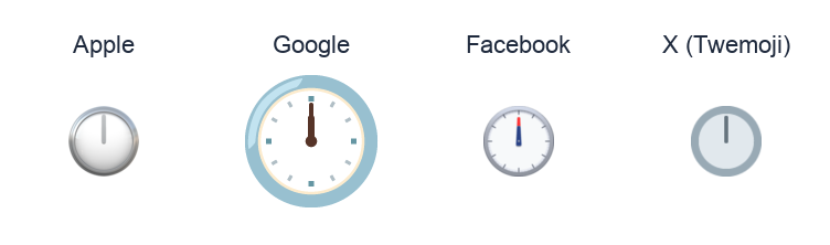 Clock Face Twelve Oclock emoji artwork compared side by side for Apple, Google Noto, Facebook, and X Twemoji styles on white.