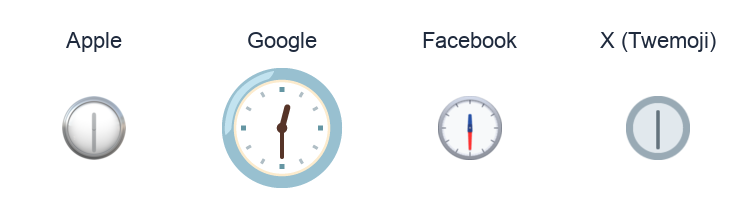 Clock Face Twelve-Thirty emoji artwork compared side by side for Apple, Google Noto, Facebook, and X Twemoji styles on white.