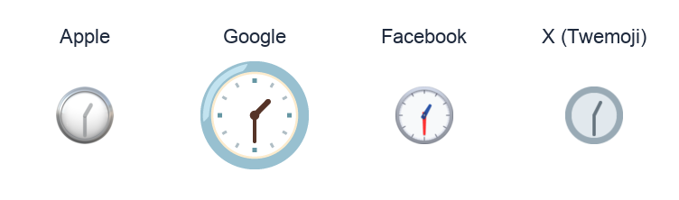 Clock Face One-Thirty emoji artwork compared side by side for Apple, Google Noto, Facebook, and X Twemoji styles on white.