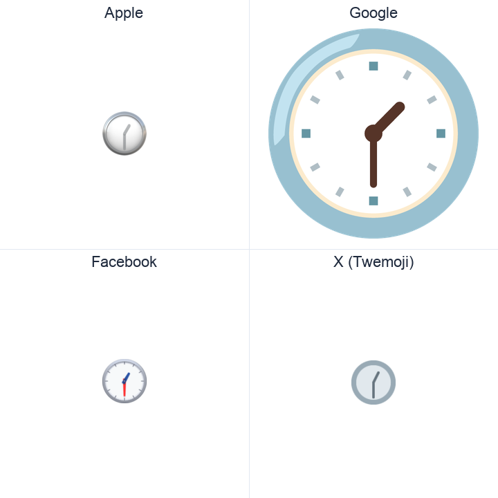 Clock Face One-Thirty emoji in a square grid: Apple and Google on the top row, Facebook and X Twemoji on the bottom, on white.