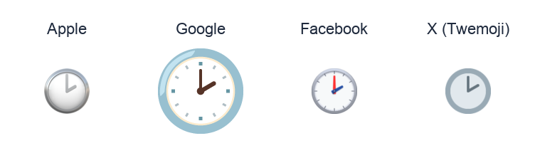 Clock Face Two Oclock emoji artwork compared side by side for Apple, Google Noto, Facebook, and X Twemoji styles on white.