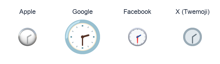 Clock Face Two-Thirty emoji artwork compared side by side for Apple, Google Noto, Facebook, and X Twemoji styles on white.