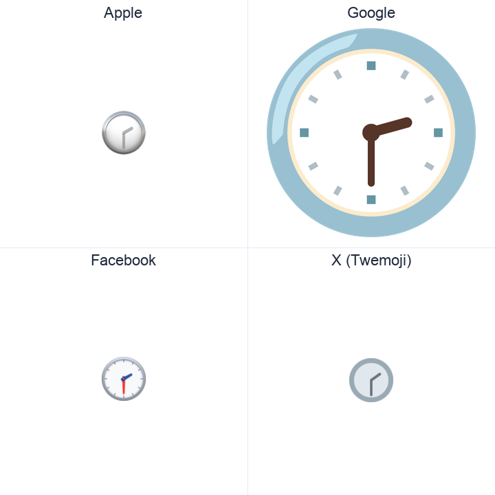Clock Face Two-Thirty emoji in a square grid: Apple and Google on the top row, Facebook and X Twemoji on the bottom, on white.