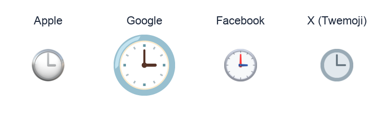 Clock Face Three Oclock emoji artwork compared side by side for Apple, Google Noto, Facebook, and X Twemoji styles on white.