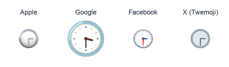 Clock Face Three-Thirty emoji artwork compared side by side for Apple, Google Noto, Facebook, and X Twemoji styles on white.
