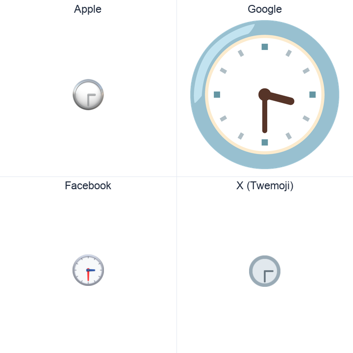 Clock Face Three-Thirty emoji in a square grid: Apple and Google on the top row, Facebook and X Twemoji on the bottom, on white.
