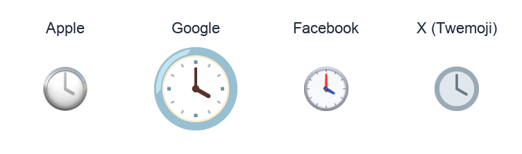 Clock Face Four Oclock emoji artwork compared side by side for Apple, Google Noto, Facebook, and X Twemoji styles on white.