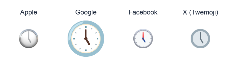 Clock Face Five Oclock emoji artwork compared side by side for Apple, Google Noto, Facebook, and X Twemoji styles on white.