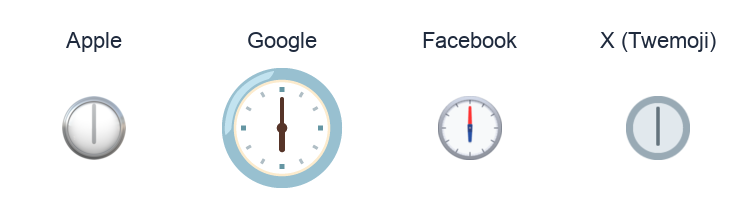 Clock Face Six Oclock emoji artwork compared side by side for Apple, Google Noto, Facebook, and X Twemoji styles on white.