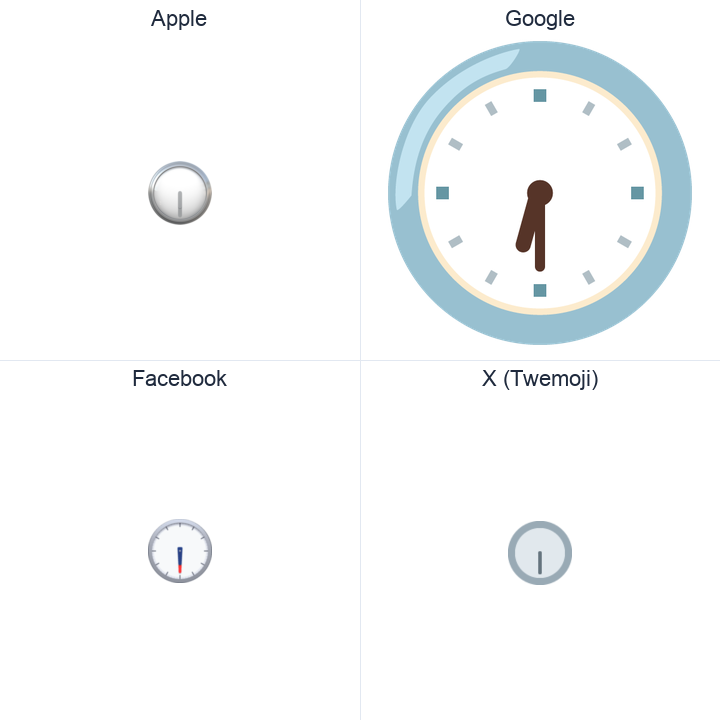 Clock Face Six-Thirty emoji in a square grid: Apple and Google on the top row, Facebook and X Twemoji on the bottom, on white.