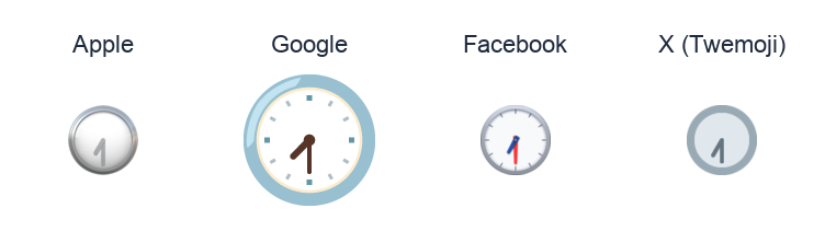 Clock Face Seven-Thirty emoji artwork compared side by side for Apple, Google Noto, Facebook, and X Twemoji styles on white.