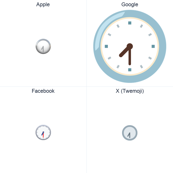 Clock Face Seven-Thirty emoji in a square grid: Apple and Google on the top row, Facebook and X Twemoji on the bottom, on white.