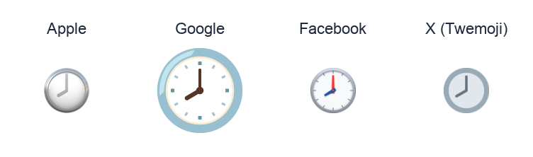 Clock Face Eight Oclock emoji artwork compared side by side for Apple, Google Noto, Facebook, and X Twemoji styles on white.