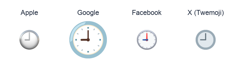 Clock Face Nine Oclock emoji artwork compared side by side for Apple, Google Noto, Facebook, and X Twemoji styles on white.