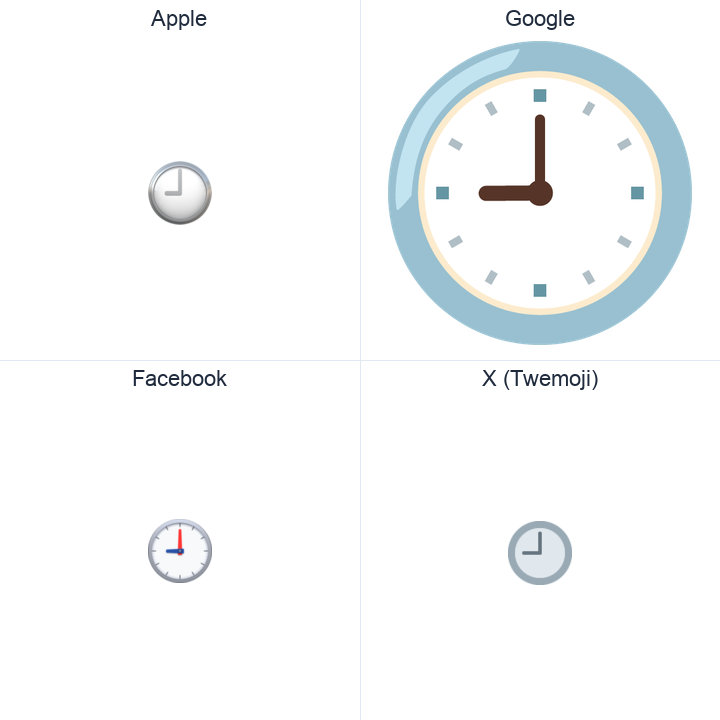 Clock Face Nine Oclock emoji in a square grid: Apple and Google on the top row, Facebook and X Twemoji on the bottom, on white.