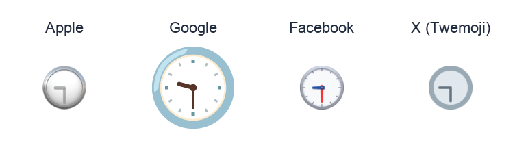 Clock Face Nine-Thirty emoji artwork compared side by side for Apple, Google Noto, Facebook, and X Twemoji styles on white.