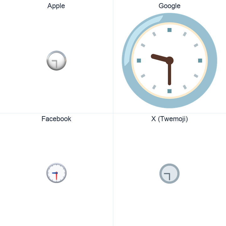 Clock Face Nine-Thirty emoji in a square grid: Apple and Google on the top row, Facebook and X Twemoji on the bottom, on white.