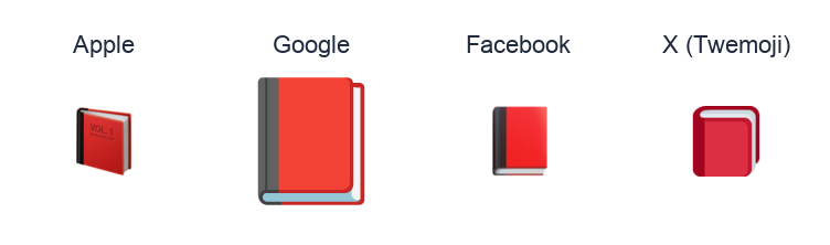 Closed Book emoji artwork compared side by side for Apple, Google Noto, Facebook, and X Twemoji styles on white.