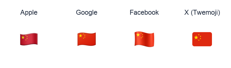 China Flag emoji artwork compared side by side for Apple, Google Noto, Facebook, and X Twemoji styles on white.