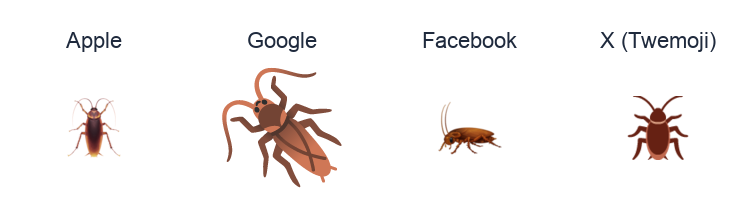 Cockroach emoji artwork compared side by side for Apple, Google Noto, Facebook, and X Twemoji styles on white.