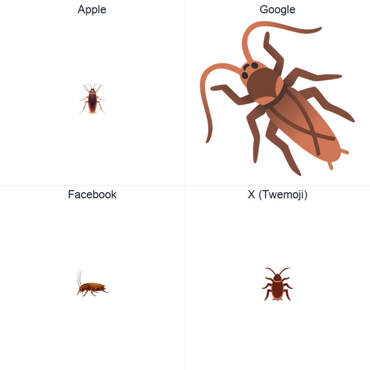 Cockroach emoji in a square grid: Apple and Google on the top row, Facebook and X Twemoji on the bottom, on white.