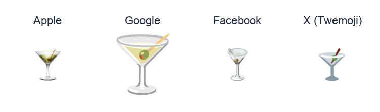 Cocktail Glass emoji artwork compared side by side for Apple, Google Noto, Facebook, and X Twemoji styles on white.