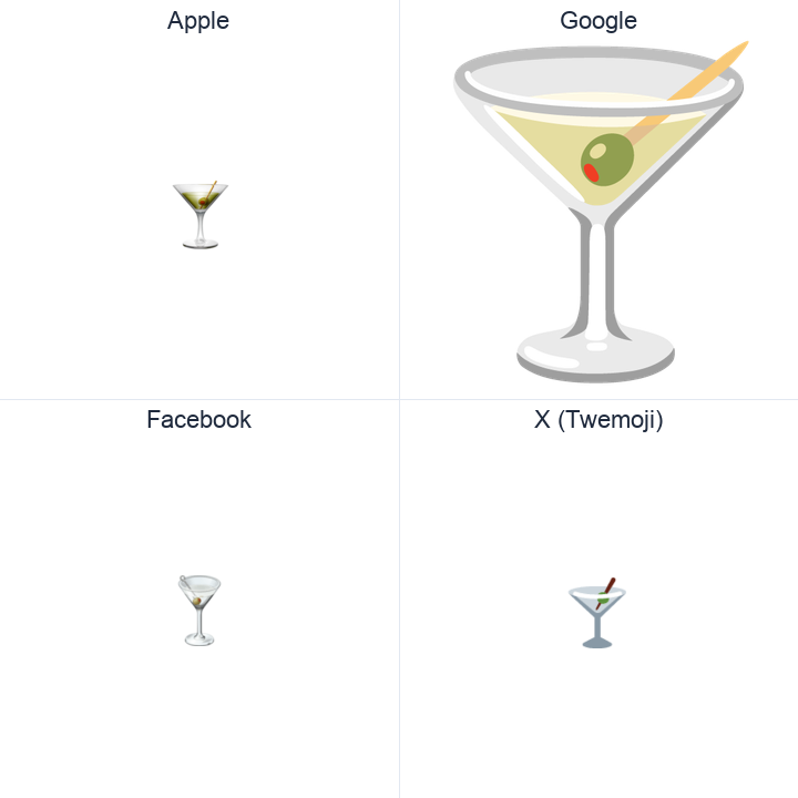 Cocktail Glass emoji in a square grid: Apple and Google on the top row, Facebook and X Twemoji on the bottom, on white.