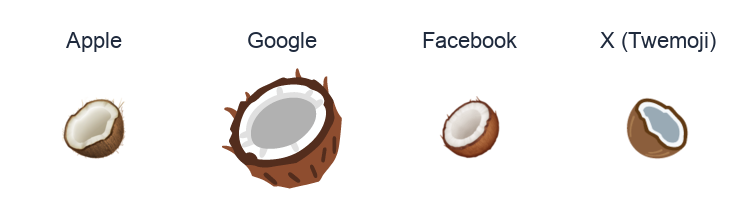 Coconut emoji artwork compared side by side for Apple, Google Noto, Facebook, and X Twemoji styles on white.