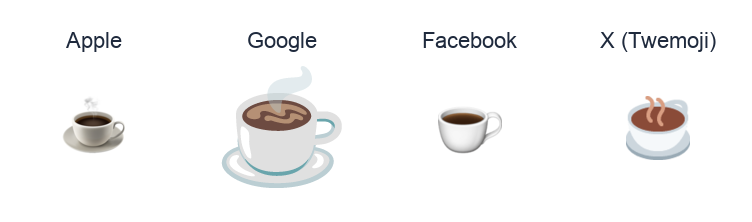 Hot Beverage emoji artwork compared side by side for Apple, Google Noto, Facebook, and X Twemoji styles on white.