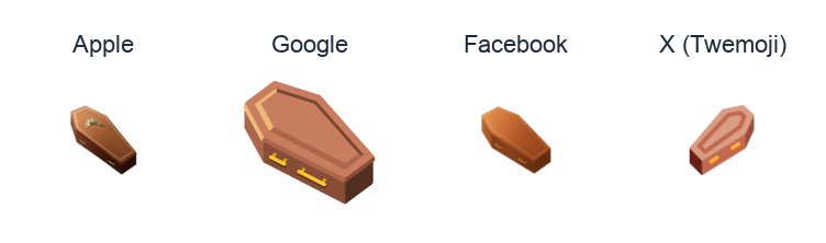 Coffin emoji artwork compared side by side for Apple, Google Noto, Facebook, and X Twemoji styles on white.