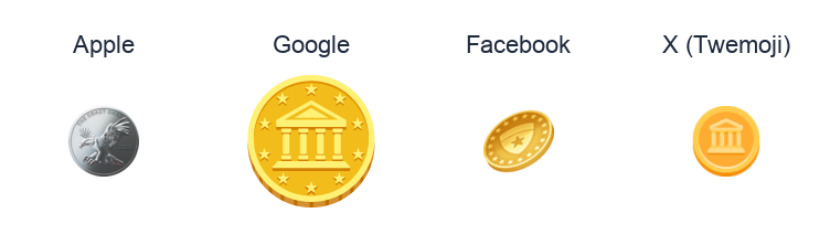 Coin emoji artwork compared side by side for Apple, Google Noto, Facebook, and X Twemoji styles on white.