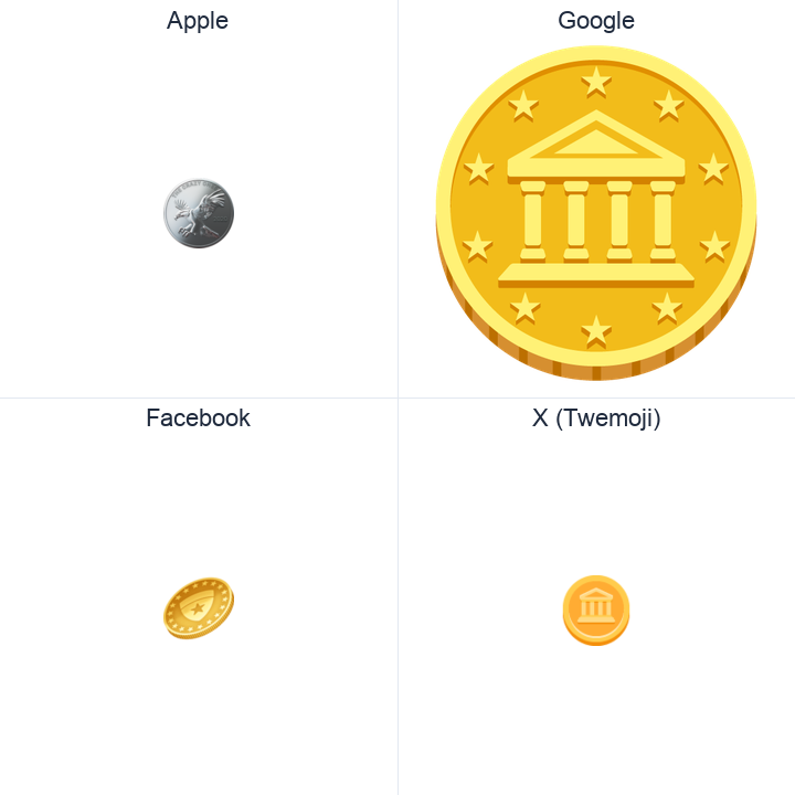 Coin emoji in a square grid: Apple and Google on the top row, Facebook and X Twemoji on the bottom, on white.