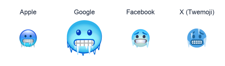 Freezing Face emoji artwork compared side by side for Apple, Google Noto, Facebook, and X Twemoji styles on white.