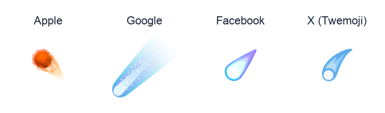 Comet emoji artwork compared side by side for Apple, Google Noto, Facebook, and X Twemoji styles on white.