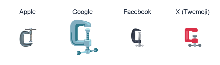 Clamp emoji artwork compared side by side for Apple, Google Noto, Facebook, and X Twemoji styles on white.