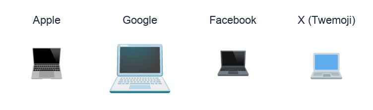 Personal Computer emoji artwork compared side by side for Apple, Google Noto, Facebook, and X Twemoji styles on white.
