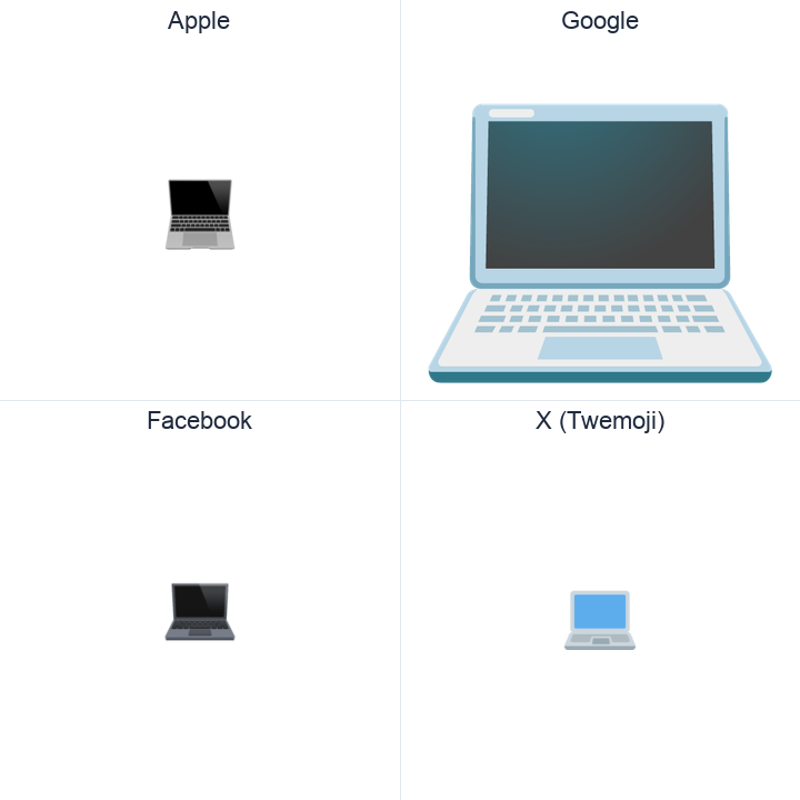 Personal Computer emoji in a square grid: Apple and Google on the top row, Facebook and X Twemoji on the bottom, on white.