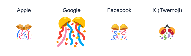 Confetti Ball emoji artwork compared side by side for Apple, Google Noto, Facebook, and X Twemoji styles on white.