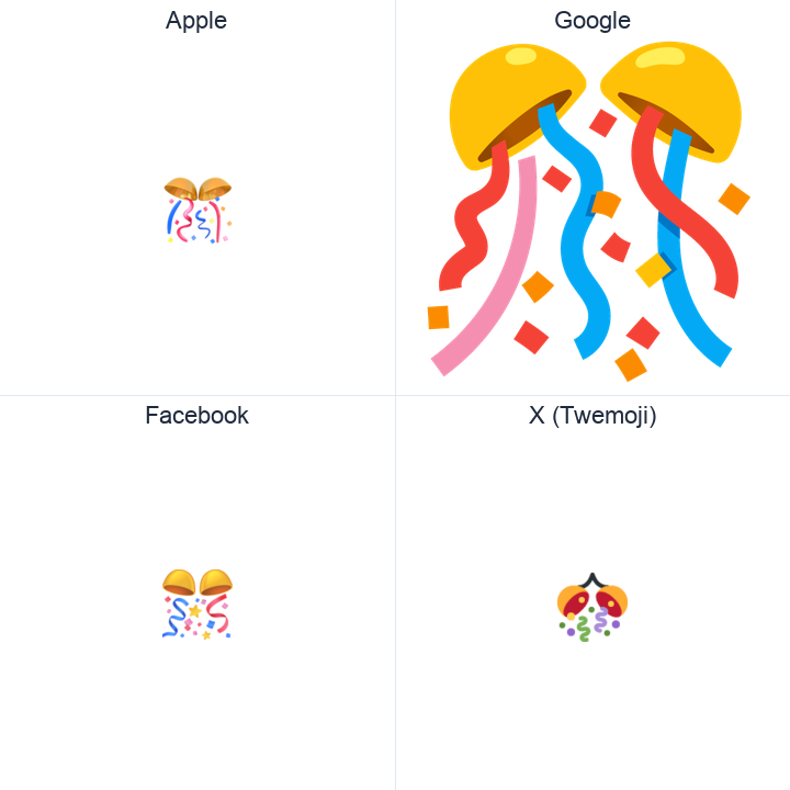 Confetti Ball emoji in a square grid: Apple and Google on the top row, Facebook and X Twemoji on the bottom, on white.