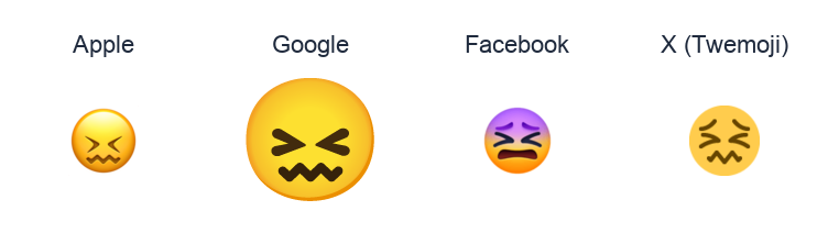Confounded Face emoji artwork compared side by side for Apple, Google Noto, Facebook, and X Twemoji styles on white.
