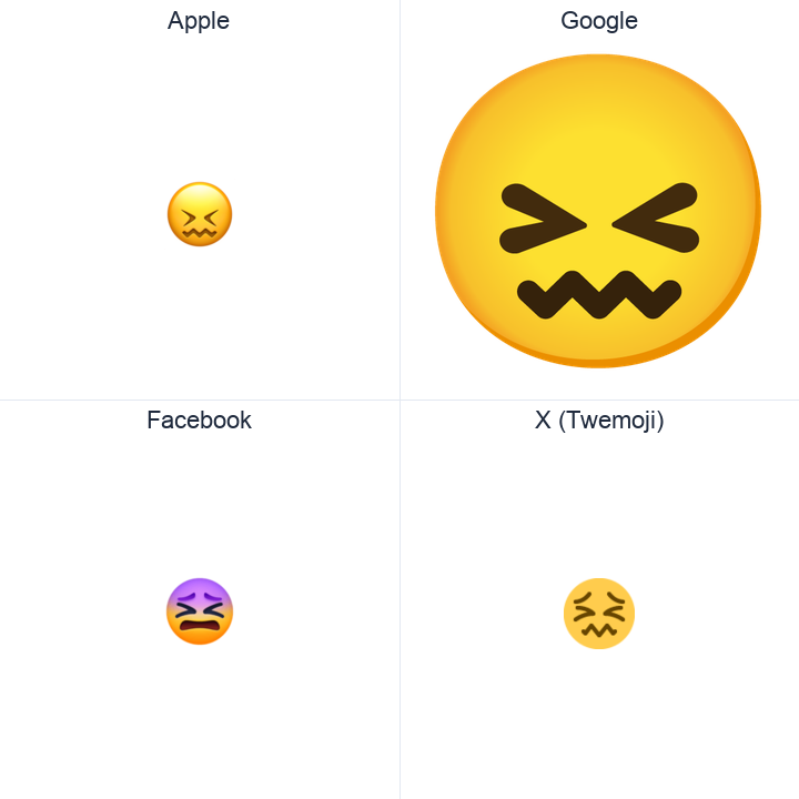 Confounded Face emoji in a square grid: Apple and Google on the top row, Facebook and X Twemoji on the bottom, on white.
