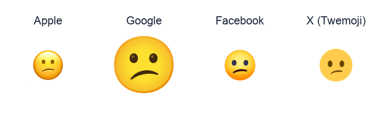Confused Face emoji artwork compared side by side for Apple, Google Noto, Facebook, and X Twemoji styles on white.