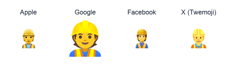 Construction Worker emoji artwork compared side by side for Apple, Google Noto, Facebook, and X Twemoji styles on white.