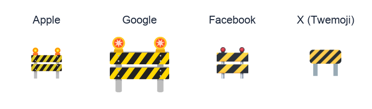 Construction Sign emoji artwork compared side by side for Apple, Google Noto, Facebook, and X Twemoji styles on white.