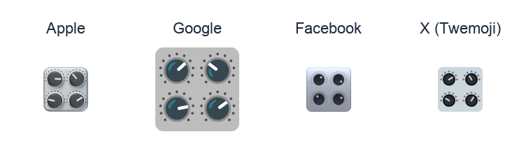 Control Knobs emoji artwork compared side by side for Apple, Google Noto, Facebook, and X Twemoji styles on white.