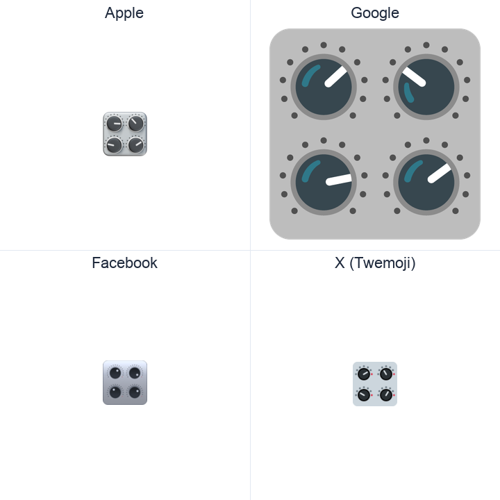 Control Knobs emoji in a square grid: Apple and Google on the top row, Facebook and X Twemoji on the bottom, on white.