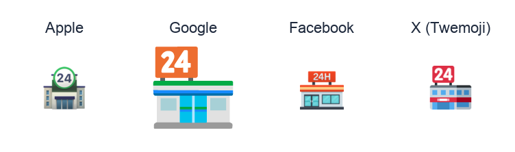 Convenience Store emoji artwork compared side by side for Apple, Google Noto, Facebook, and X Twemoji styles on white.