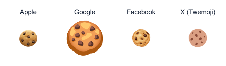 Cookie emoji artwork compared side by side for Apple, Google Noto, Facebook, and X Twemoji styles on white.