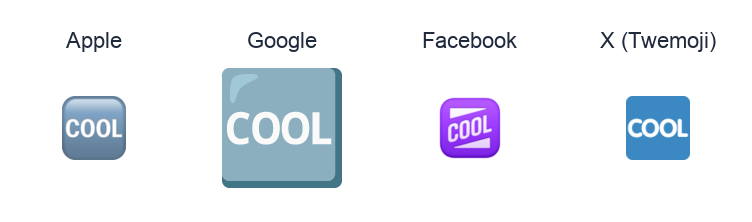 Squared Cool emoji artwork compared side by side for Apple, Google Noto, Facebook, and X Twemoji styles on white.